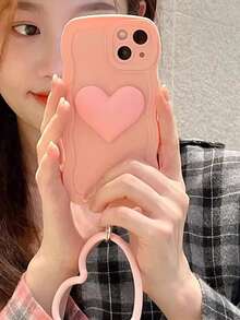 1pc Pink Wavy 3D Heart Ring Holder Set, Suitable For IPhone 13/12 Pro Max/11/XR/X/XS/8 Plus/7 Plus, Silicone Shockproof Protective Phone Case Cover