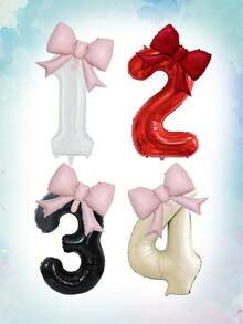 2pcs 32-Inch Number Balloon Set, Pink & Red Bow Foil Balloons, White, Red, Black & Cream 0-9 Number Balloons Suitable For Birthday Party, Anniversary Decoration - Multicolor - View 1