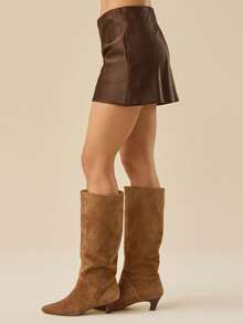 Womens Satin Mini Skirts Elastic High Waisted Skirts Silky Stain A-Line Zipper Party Club Skirt - 深棕 - 查看 4