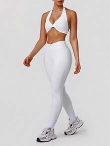 Sodalemon Women's 2 Pieces Workout Set, Twist Back Camisole Sports Bra, Seamless, Twist Waist Band, Seamless Tight Yoga Pants, Solid Color Outdoor Casual Sports Suit - White - View 4