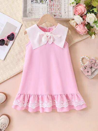 女童粉色无袖连衣裙，大翻领，白色蝴蝶结，蕾丝荷叶边，公主风夏季套装