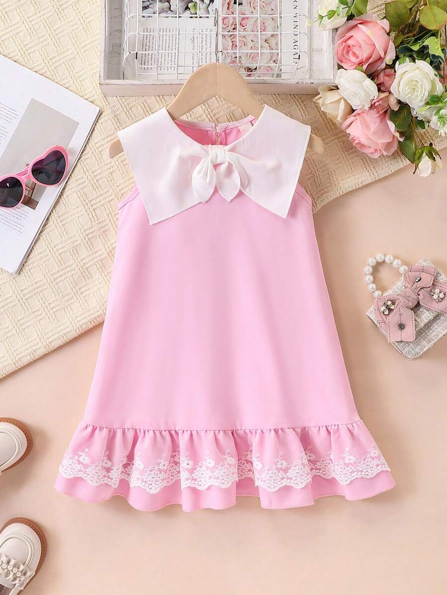 Đầm hồng không tay cho bé gái, cổ bẻ rộng, nơ trắng, bèo nhún ren, kiểu dáng công chúa mùa hè. - Hồng - Xem 1