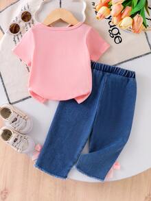 两件套女婴休闲时尚蝴蝶结刺绣短袖T恤上衣和3D蝴蝶结毛边牛仔长裤套装 - 粉色 - 查看 2