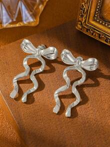 1 Par de Brincos de Laço com Pingente de Fita em Metal Dourado 14K, Brincos Longos Elegantes para Casamento, Presente Perfeito para o Dia das Mães, Dia dos Namorados e Natal. - brincos longos de laço de fita - Ver 6