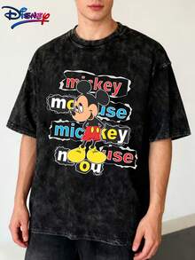 [Disney Licensed] Valentine's Day Washed T-Shirt Couple's Wear, Featuring The Happy Mickey And Minnie Mouse Pattern Prints, Street Fashion Style Round-Neck T-Shirt Top, Unisex, Suitable For Summer Casual Wear. - (Nam) Da đen - Xem 2