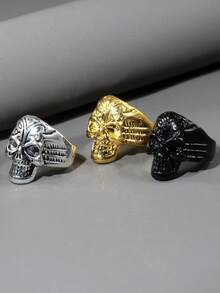 3件套朋克骷髅合金戒指，男士时尚骷髅戒指套装