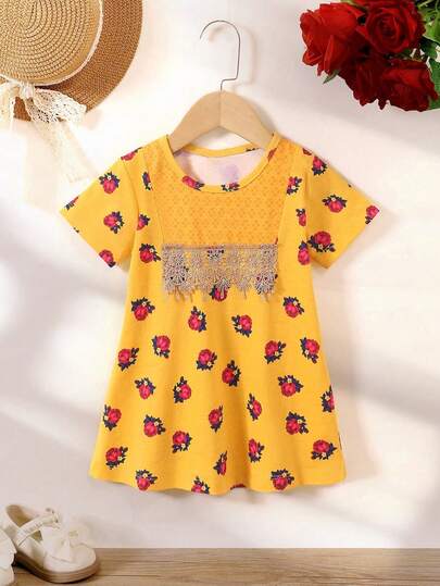 H HIBOBI 女婴短袖斋月图案丝带装饰连衣裙，春夏