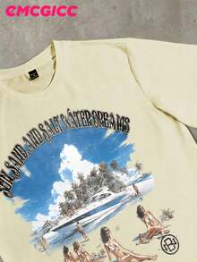 EMCGICC Street Life Men's Y2k Style (220 Pure Cotton T-Shirt) Retro Graphic Funny Printing,Hip Hop ,Men's Summer Tops Round Neck Short Sleeve Casual T-Shirt, Summer Street Sports Life Men's - Màu be - Xem 2