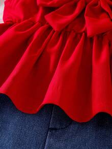 2pcs Baby Girl Outfit: Bow Tie Waist Button Back Camisole Top And Contrast Color Ruffle Trim Denim Shorts Set - Red - View 7