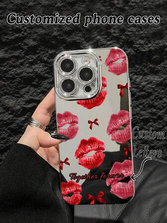 1pc Customized Name, Red Lip Bow Mirror Phone Case Suitable Compatible With Apple 16 Pro Max/15/14 Plus/13 Pro/12 Pro Max/11 Pro Max, Fashion Design Makeup Mirror IMD Glossy Smooth Phone Case