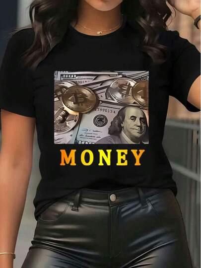 Women's White Casual Short Sleeve Crew Neck T - Shirt Money Graphic Print Tee With Bitcoin & Dollar Bill Pattern  Streetwear Daily Top