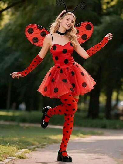 Set de 2 piezas de accesorios de disfraz de mariquita - Decoración de maquillaje y accesorios de fiesta lindos de mariquita, calcetines a lunares rojos y negros + guantes de pulgar abierto, adecuados para todas las edades