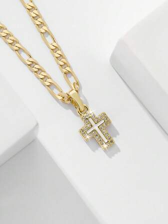 1件欧美经典铜镶嵌锆石十字架吊坠项链，限量版“守护之光”，适合作为圣诞节/感恩节/万圣节/母亲节/情人节礼物送给情侣/朋友/教徒，也适合作为天主教初领圣体礼物、日常及节日祈祷佩戴。