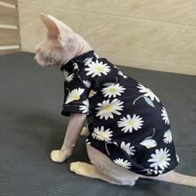 Sphynx Cat Clothes, Soft Fabric With Chrysanthemum Print - Black - View 4