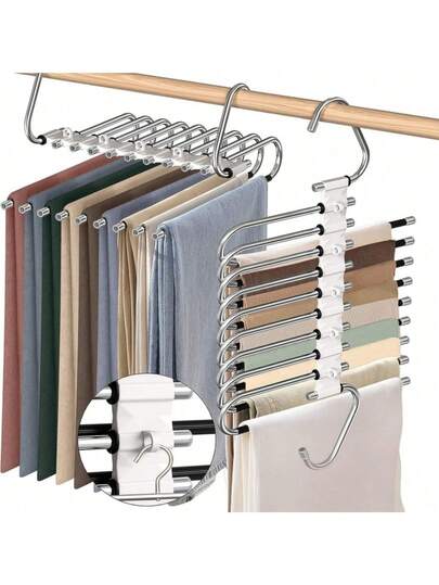 1pc 9-Tier Metal Pants Rack, Non-Slip Stainless Steel S-Shaped Wardrobe Storage Rack With Hooks, Suitable For Leggings And Trousers, Closet Organizer | Sturdy Garment Hanging | Metal Hanger, Suitable For Valentine's Day, Easter