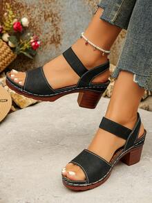 Plus Size 36-43 European & American Style Summer New Fashion Open Toe Plus Size Sandals, Slip-On Thick Heel Increased Height Ladies High Heel Sandals, Black & Brown - Black Matte - View 3