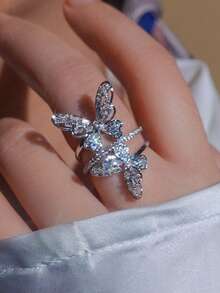 1 chiếc nhẫn hình bướm rỗng đính đá toàn bộ, sang trọng, mạ đồng và đính kim cương nhiều lớp, phù hợp cho nữ đeo hàng ngày, dự tiệc, dạ hội, là món quà trang sức mới. - Bạc - Xem 2