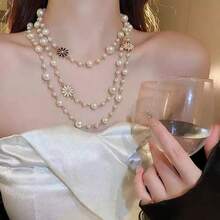 1pc Fully Rhinestone & Pearl Decor Long Necklace, Fashion Versatile Sweater Chain, Suitable For Dress, Suit, Party, Evening Wear - Multicolor - View 3