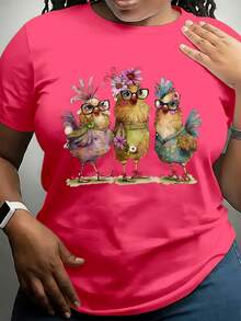 Women's T-Shirt Three Fancy Chickens With Glasses And Flowers Easter Costume St Patrick's Day Outfit Carnival Wear Holiday Clothing Gift Idea - 粉色 - 查看 1