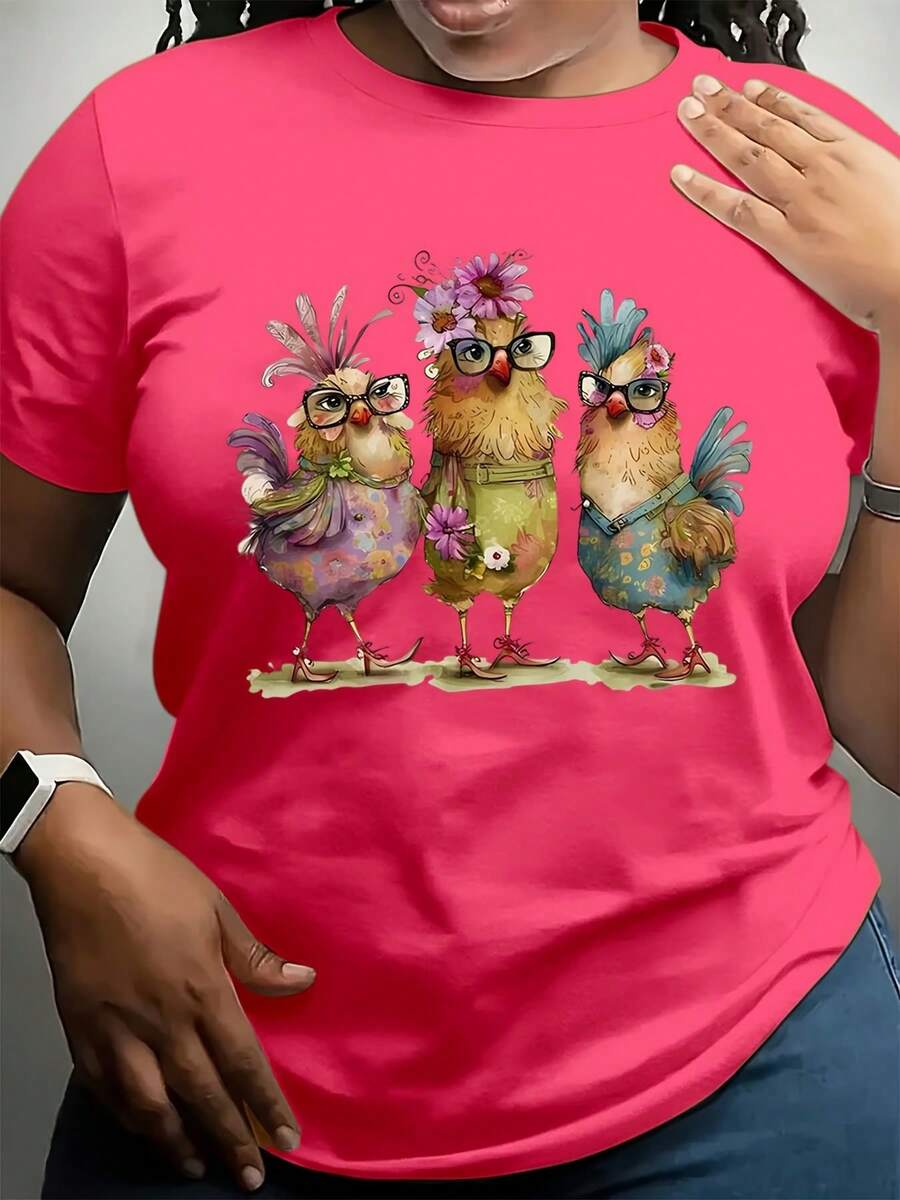 Women's T-Shirt Three Fancy Chickens With Glasses And Flowers Easter Costume St Patrick's Day Outfit Carnival Wear Holiday Clothing Gift Idea - 粉色 - 查看 1