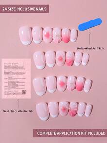 24片短款椭圆形3D凝胶美甲贴纸，打造仿珍珠花朵美甲，法式亚克力按压式美甲，短款完美贴合假指甲套装，包含：1片果冻凝胶和1个指甲锉，夏季法式美甲，打造闪亮美丽指甲，适合女性和女孩日常工作和派对美甲用品。 - 查看 2