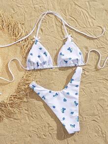 女士性感印花挂脖蝴蝶结比基尼套装，高弹面料，适合派对、音乐节、情人节等场合；女士优雅沙滩泳装；女士沙滩比基尼泳衣；女士泳装；女士比基尼沙滩套装；女士泳装；夏季度假套装 - 彩色 - 查看 3