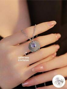 1pc Personalized Date Disc Necklace With Birthstone, Custom Text Birthstone Pendant Necklace Gift For Her, Engraved Coin Necklace, Anniversary Gift, Valentine's Day Gift, Graduation Gift, Christmas Gift, Birthday Gift - Multicolor - View 2