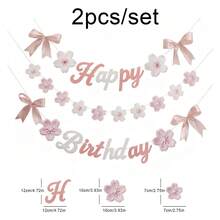 儿童男孩女孩粉色樱花生日派对装饰背景横幅蝴蝶结字母三角旗 - 彩色 - 查看 5