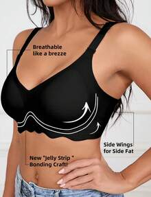 Wireless Push Up Bra For Women - Supportive No Underwire Comfy Bralette With Deep V Wavy Neck & 3D Lifting Cups, Breathable Soft Bandeau Bra Hide Side Fat - 黑色 - 查看 9