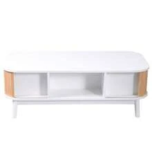 Coffee Table - Rattan Coffee Table, Drawers With Rattan And Sliding Doors With Solid Wood Slats, Solid Wood Legs, Natural Country Style.