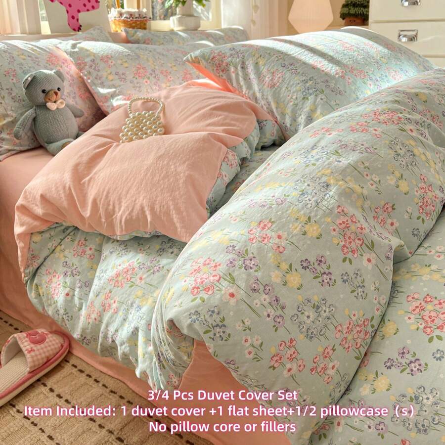 花卉植物图案被套套装，拉链封口设计，田园风格床上用品，3/4 件套野花被套套装 - 复古农舍风格，花田系列（1 个被套 + 1 个床单 + 1/2 个枕套，不含被芯） - 薄荷綠 - 查看 1