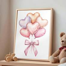 1pc Canvas Wall Art - Heart-Shaped Balloon Gouache Painting - Soft Valentine's Day Printable Pastel Painting, Baby Goods_ Framed Nursery Wall Art Perfect For Playroom Decor Nursery Decor, Playroom Decor, Preschool Decor, Boy's Room Decor Girl's Bedroom Decor Valentine's Day
