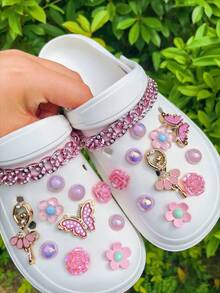 22颗DIY粉色水钻链，可拆卸粉色蝴蝶芭蕾舞鞋装饰纽扣，适用于沙滩鞋、镂空鞋、节日礼物，四季皆宜 - 粉色 - 查看 4