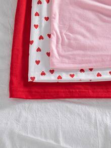 少女情人节休闲短袖上衣，心形印花三件套 - 紅色 - 查看 10