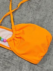 女士时尚夏季沙滩橙色褶皱镂空彩色串珠装饰比基尼套装