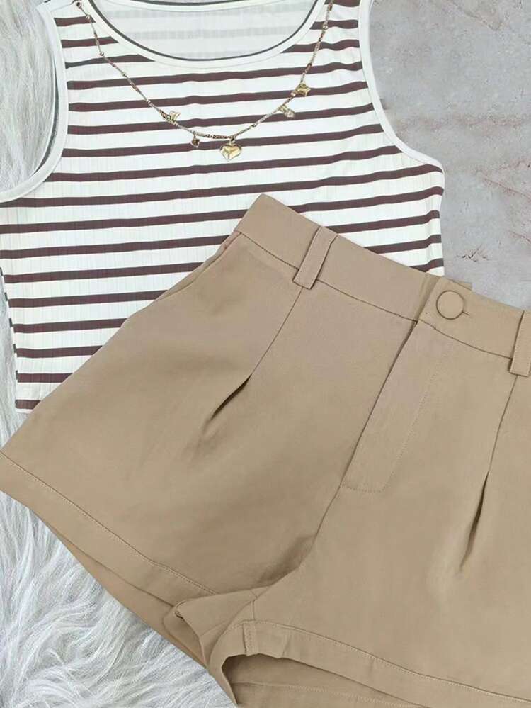 女士休闲条纹吊带背心和短裤两件套，夏季 - 彩色 - 查看 3