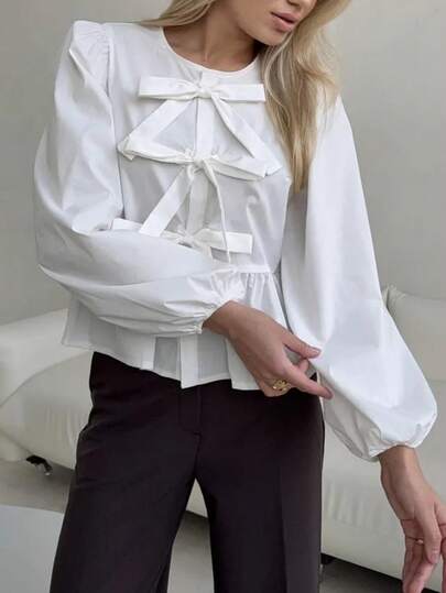 Ladies' Solid Color Simple Daily Long-Sleeved Shirt With Bow Decoration,Long Sleeve Tops Ruffle Hem, Spring & Summer Peplum Top White