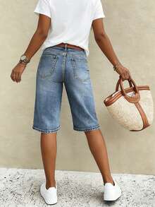 Quần short denim ống đứng cạp thấp dáng suông dành cho nữ: Kiểu dáng rộng rãi thời trang, quần short ống rộng dài đến đầu gối đa năng. - Rửa tối - Xem 5