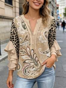 1 Women'S Floral & Paisley& Leopard Print Blouse - Button-Front Top With Three-Quarter Length Ruffle Sleeves, Non-See-Through Fabric For Everyday & Formal Events - Spring/Summer Blouse , Women'S Clothing - Khaki - View 2