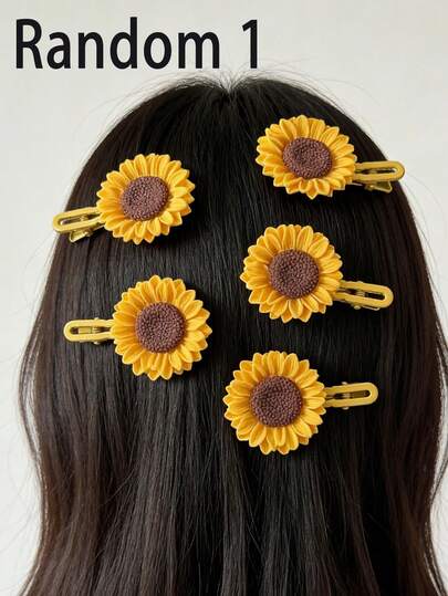 2pcs Random Cute Sunflower Hair Clips For Girls, Side Bangs/Fringe Clips With Flower Decor