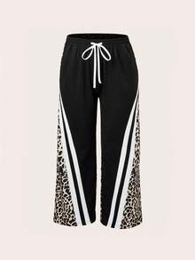 Women's Leopard Print & Striped Drawstring Pocket Pants, Casual Straight Leg Trousers, Sexy Street Style, Comfortable & Lightweight, Versatile For Daily Wear, Fashionable Design, Suitable For All Seasons, Autumn/Winter - Olive Green - View 3