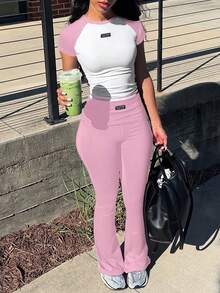 2pcs/Set Women Casual Contrast Color Sports Pants + Tight Leggings, Everyday Wear From Spring To Summer Pink - Pink - View 1