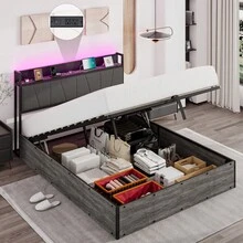 Full/Queen/King Size Linen Upholstered Lift Up Bed Frame With LED Light And Storage Headboard, Modern Platform Bed Frame Featuring Charging Station, Noisy Free Design And No Box Spring Needed, Bedroom Furniture Accent, Grey - Xem 1