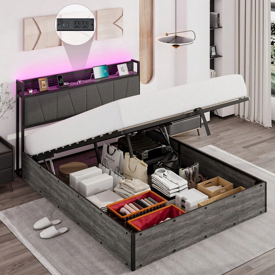Full/Queen/King Size Linen Upholstered Lift Up Bed Frame With LED Light And Storage Headboard, Modern Platform Bed Frame Featuring Charging Station, Noisy Free Design And No Box Spring Needed, Bedroom Furniture Accent, Grey - Xem 1