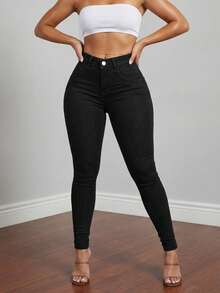Women's High Waisted Solid Black Skinny Jeans - Basic Slim Fit Bodycon Denim Pants Soho Minimalist Essentials - 黑色 - 查看 4