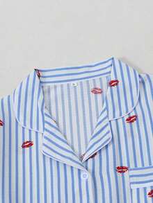 Women's Striped Red Lip Print Bubble Crinkle Long Sleeve Pajama Set - Blue - View 3