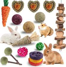 Grddaef 18 PCS Bunny Toys, Rabbit Toys Guinea Pig Toy Natural Apple Wood Grass Timothy Sticks Chew And Treat For Guinea Pigs Hamster Chinchillas - ColorA - 查看 1