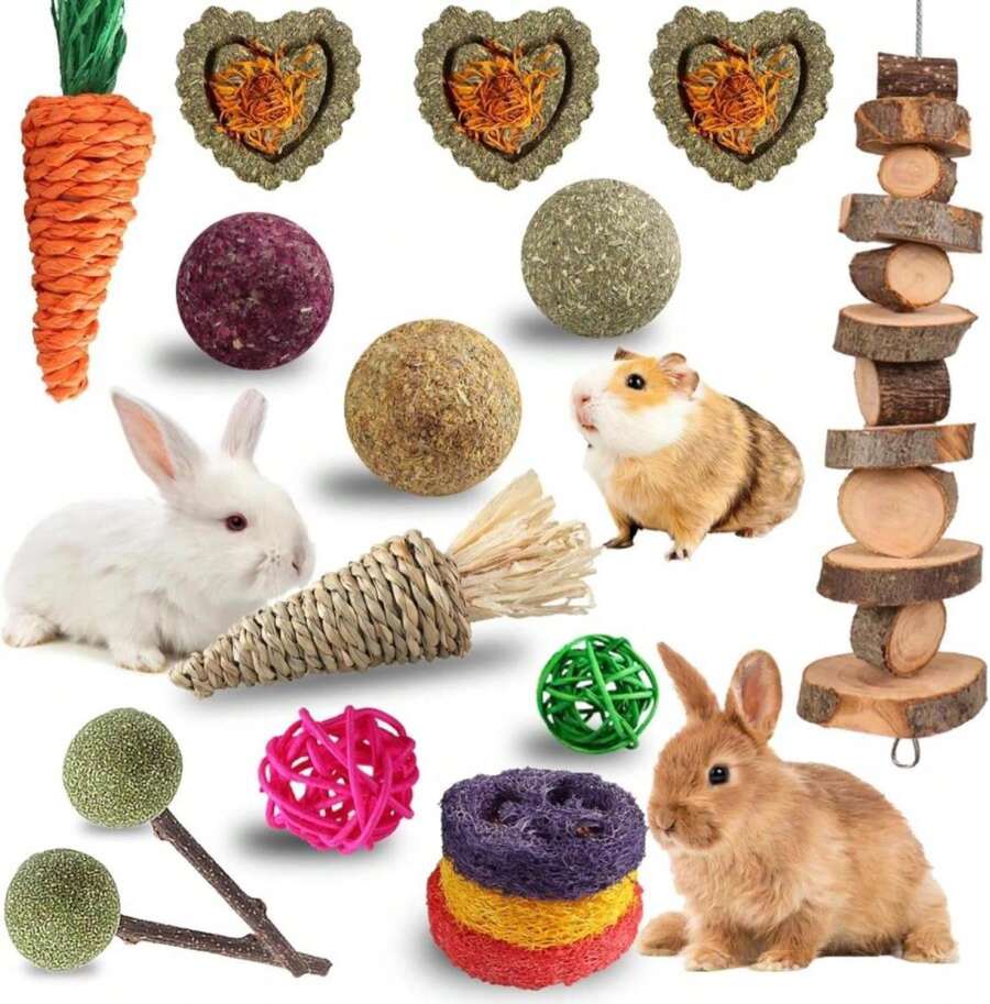 Grddaef 18 PCS Bunny Toys, Rabbit Toys Guinea Pig Toy Natural Apple Wood Grass Timothy Sticks Chew And Treat For Guinea Pigs Hamster Chinchillas - ColorA - 查看 1