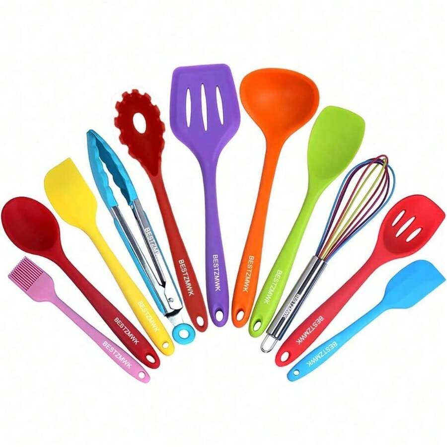 Juego de utensilios de cocina - 11 utensilios de cocina - Utensilios de cocina de silicona de colores - Batería de cocina antiadherente con juego de espátulas - Mejores herramientas de cocina de colores Gadgets de cocina (Caqui) - Multicolor - Ver 1