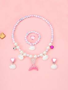 5pcs Girls Mermaid Princess Jewelry Set, Includes Necklace, Bracelet, Earrings, Ring, Suitable For Girls Party Favors/Birthday Gifts/Holiday Gifts - Multicolor - View 2